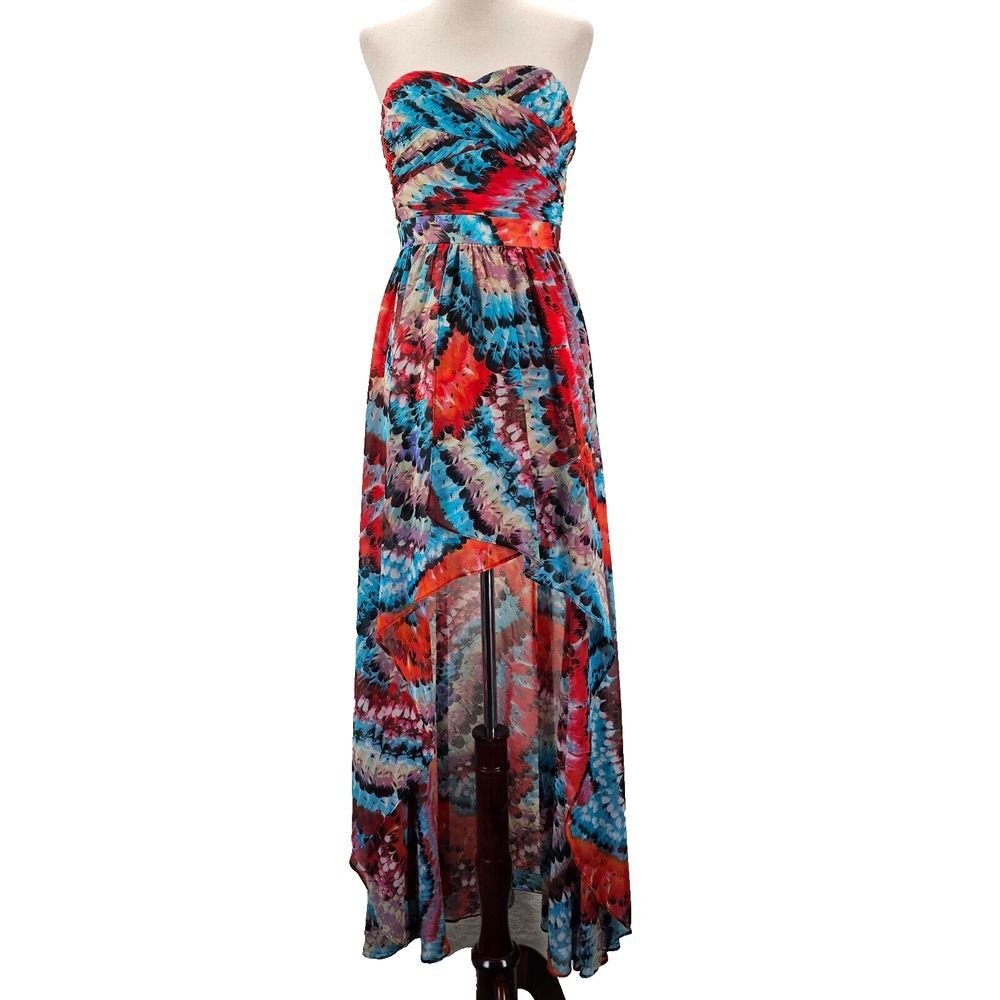 Aidan Mattox Hi Low Feather Print Strapless Lined Multicolor Chiffon Gown Size 2